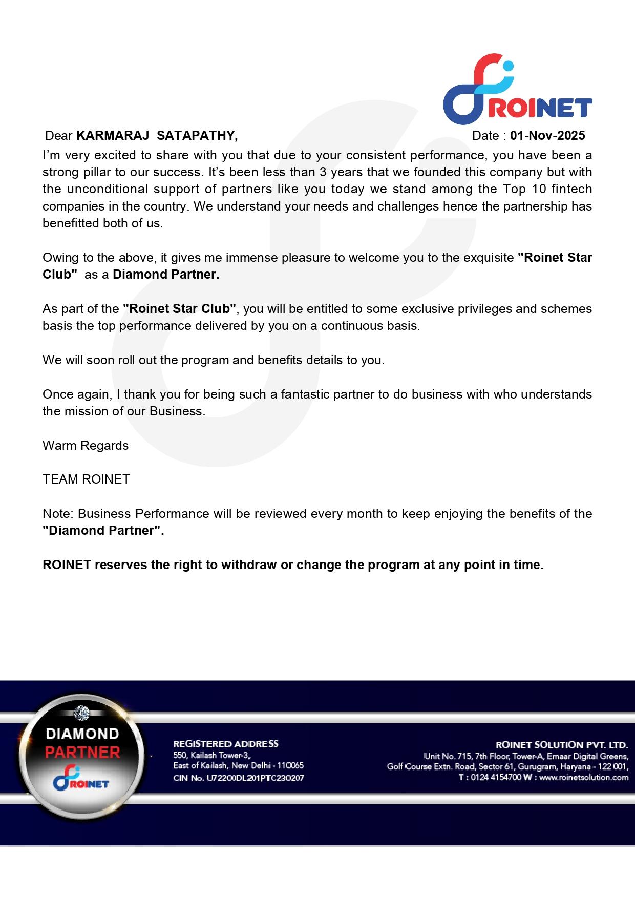 ROINET SOLUTION PVT LTD MASTRER FRANCHISECertificate